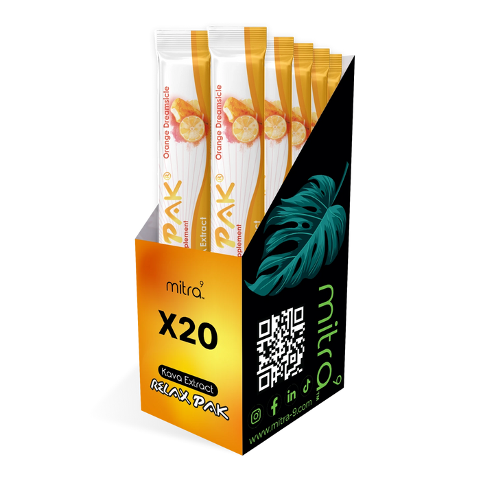 mitra9 kava powder drink mix 20 pack in box orange flavor