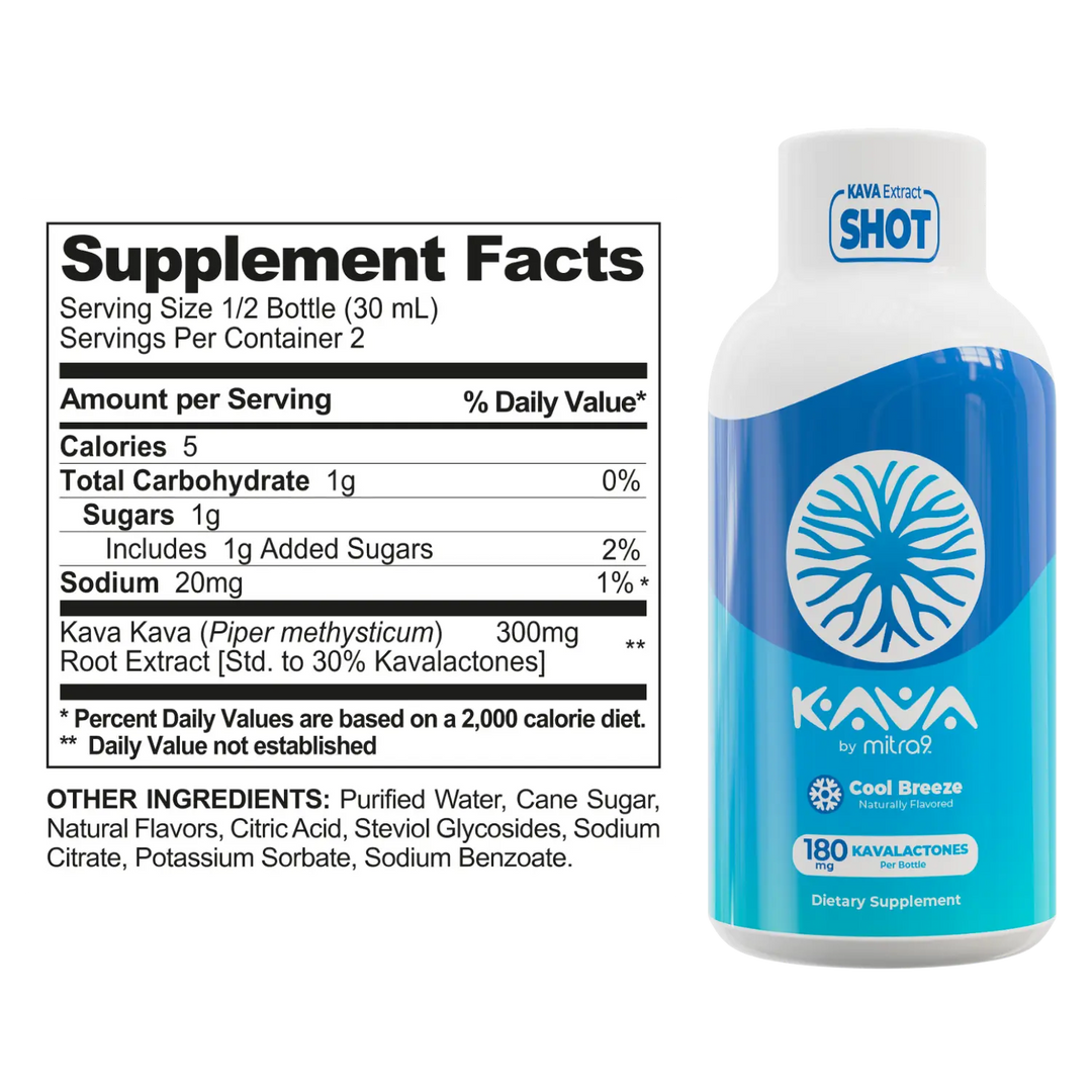 Kava Kava supplement Facts label shot bottle