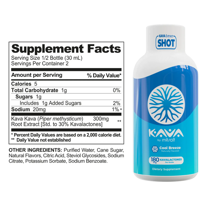Kava Kava supplement Facts label shot bottle