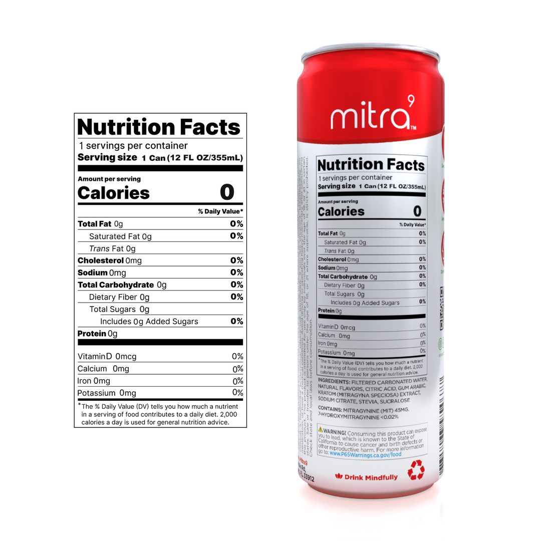 Mitra9 back of Kratom Drink Can Facts Label