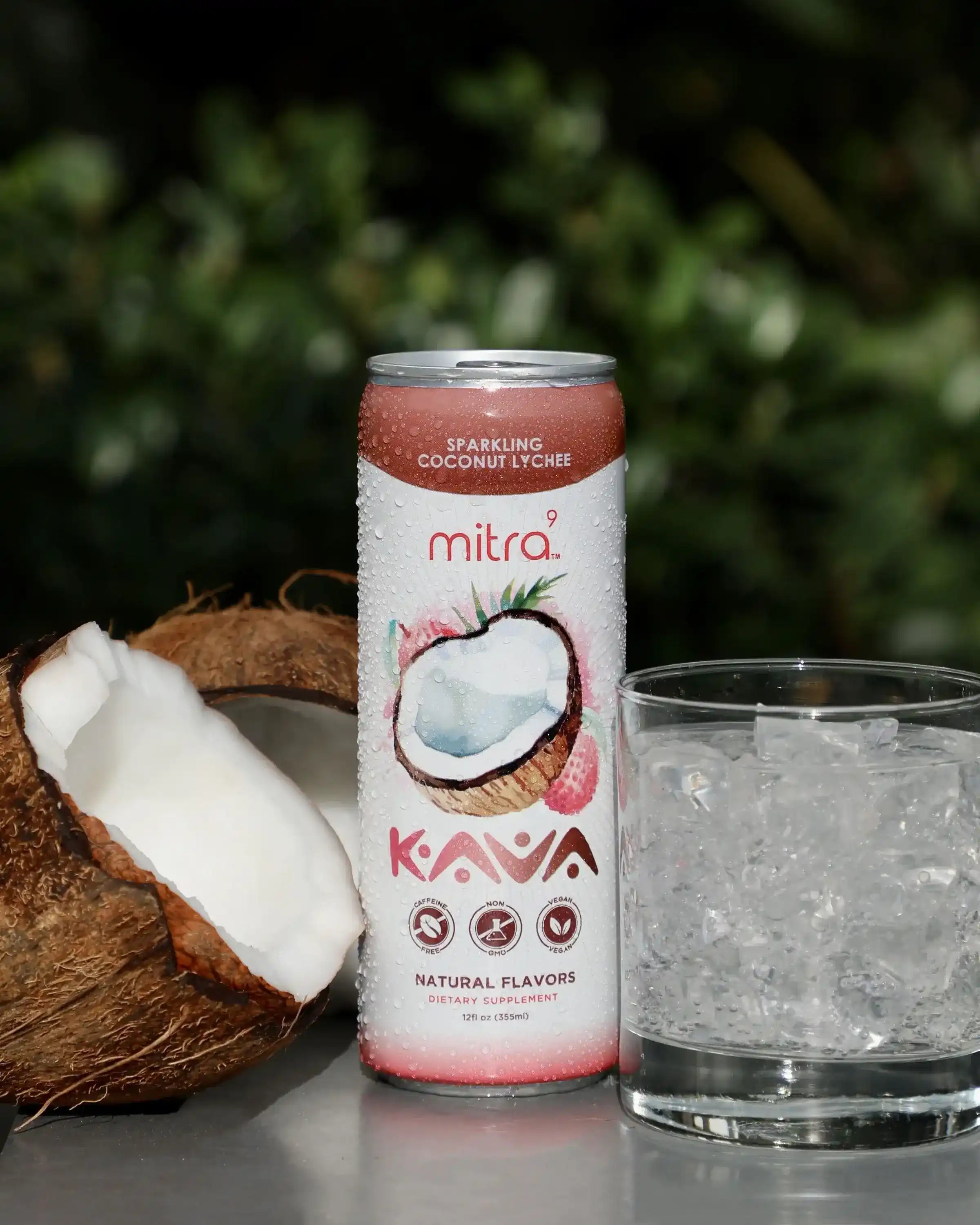 coconut lychee kava drink in can Mitra9 cava
