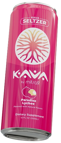 Paradise Lychee Kava Seltzer can - angled view