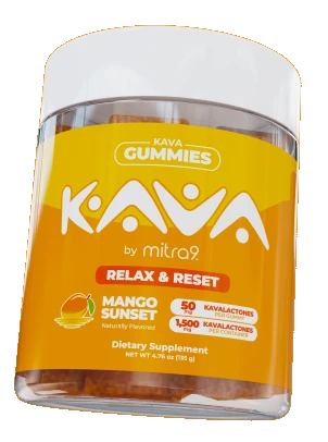 Mango Sunset Kava Gummies jar — angled side view