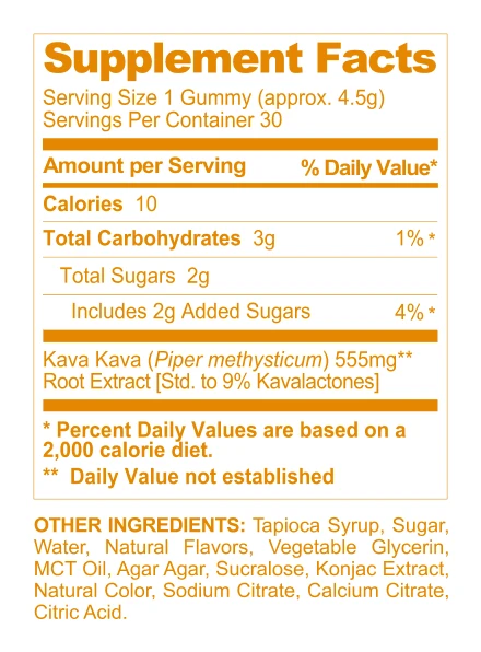 Mango Sunset Kava Gummies supplement facts panel