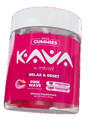 Pink Wave Kava Gummies jar — angled side view