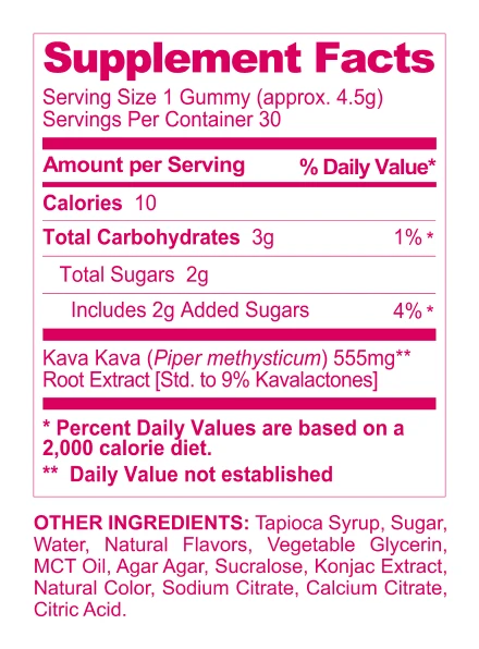 Pink Wave Kava Gummies supplement facts panel