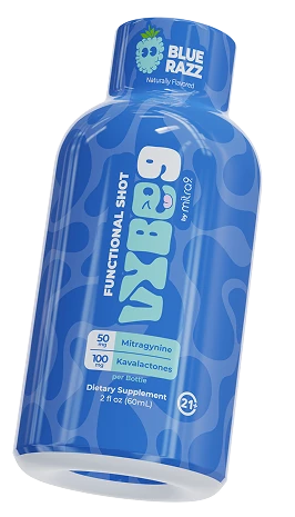 Blue Razz VYBE9 Kava + Mitragynine Shot bottle — angled view
