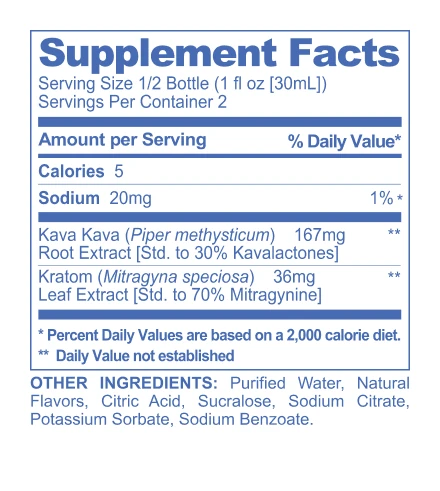 Blue Razz VYBE9 Kava + Mitragynine Shot supplement facts panel