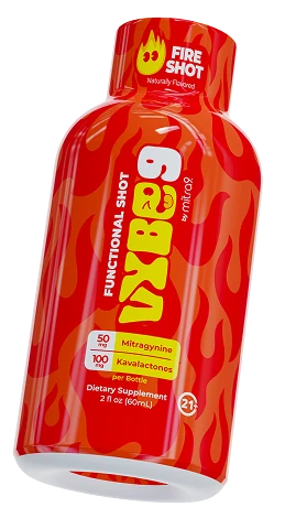 Fire Shot VYBE9 Kava + Mitragynine bottle — angled view