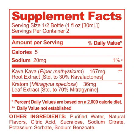 Fire Shot VYBE9 Kava + Mitragynine Shot supplement facts panel