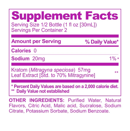Purple Rush Mitragynine Shot supplement facts panel
