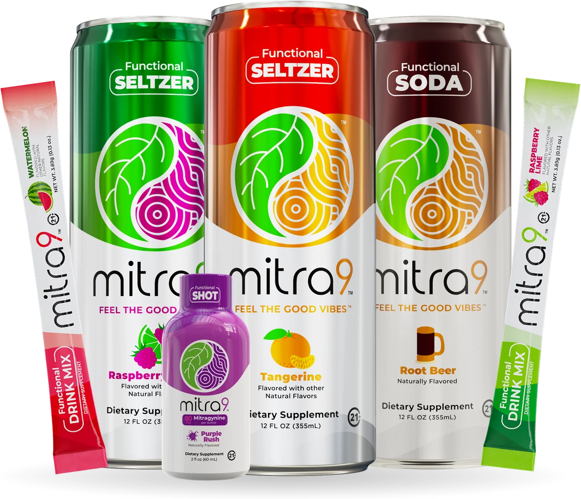 Mitra9 Revitalize bundle: functional seltzers, soda, drink mixes and shot