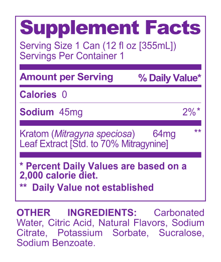 Berry Mitragynine Seltzer supplement facts panel