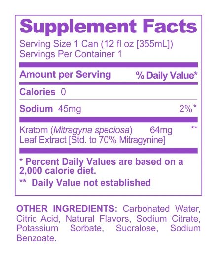 Bubbly Pop Mitragynine Functional Soda supplement facts panel