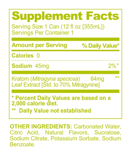 Citrus Sun Mitragynine Functional Soda supplement facts panel