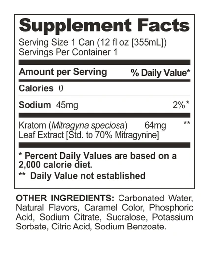 Midnight Cola Mitragynine Functional Soda supplement facts panel