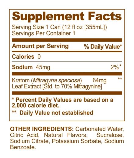 Root Beer Mitragynine Functional Soda supplement facts panel
