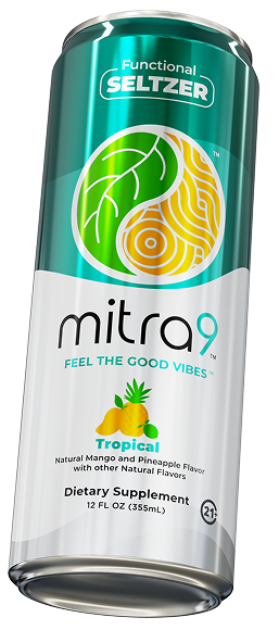 Tropical Mitragynine Seltzer can — angled side view