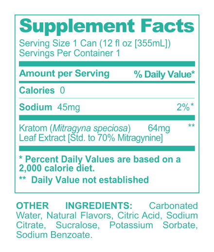 Tropical Mitragynine Functional Seltzer supplement facts panel