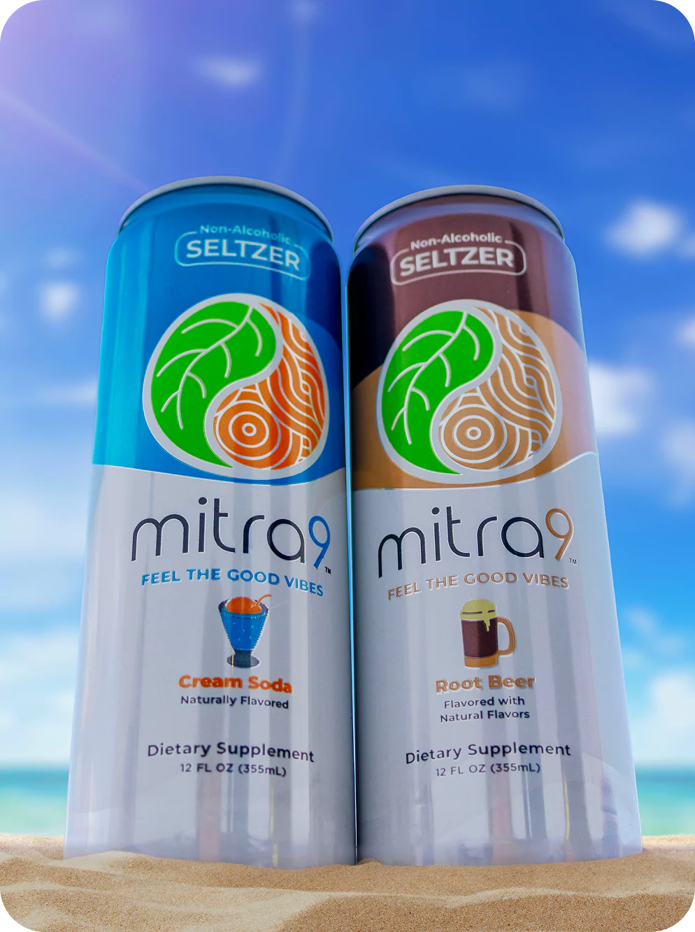 Two cans of mitra9 Seltzer on a beach with a blue sky background